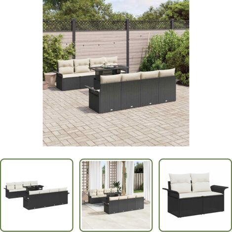 Cojín exterior -  Conjunto de sofá de jardín con cojín 9 pcs Negro Poliratán