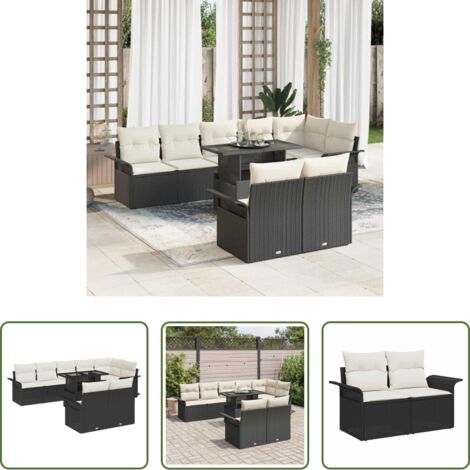 Cojín exterior -  Conjunto de sofá de jardín con cojín 9 pcs Negro Poliratán