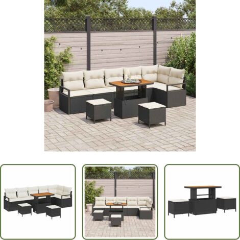 Cojín exterior -  Conjunto de sofá de jardín con cojín 9 pcs Negro Poliratán