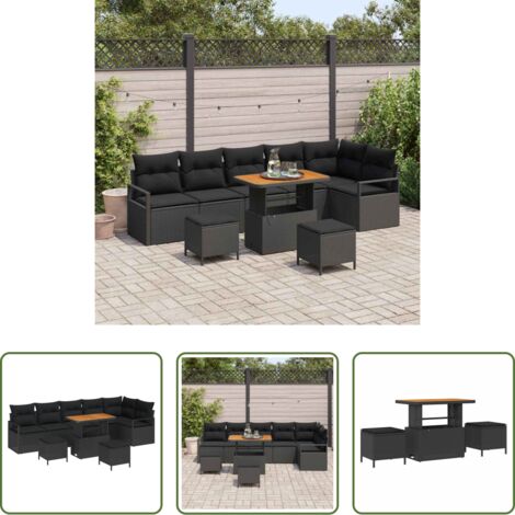 Cojín exterior -  Conjunto de sofá de jardín con cojín 9 pcs Negro Poliratán
