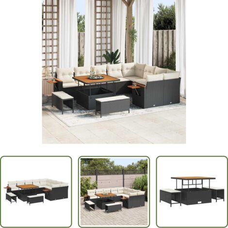 Cojín exterior -  Conjunto de sofás de jardín con cojín 12 pcs Negro y crema