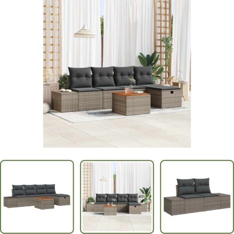Cojín exterior -  Conjunto de sofás de jardín con cojín 6 pcs Gris Poliratán