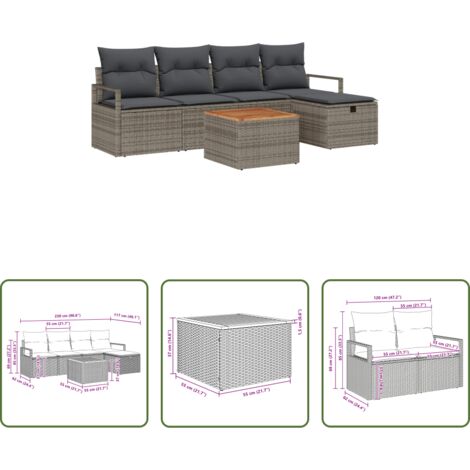 Cojín exterior -  Conjunto de sofás de jardín con cojín 6 pcs Gris Poliratán