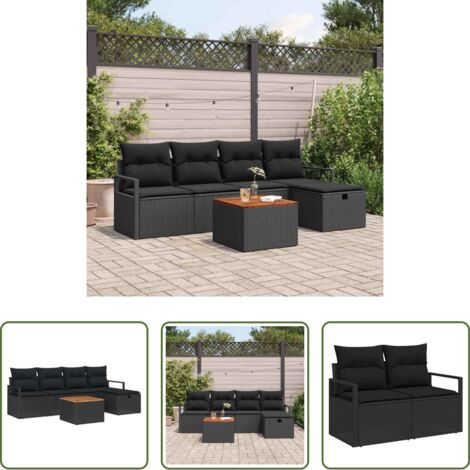 Cojín exterior -  Conjunto de sofás de jardín con cojín 6 pcs Negro Poliratán