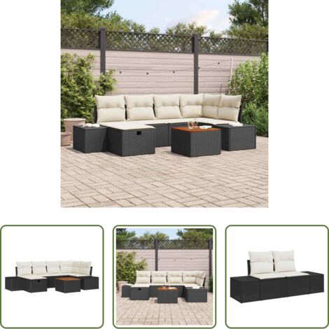 Cojín exterior -  Conjunto de sofás de jardín con cojín 7 pcs Negro Poliratán