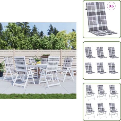 Cojín exterior - vidaXL Cojín silla jardín respaldo alto 6 uds cuadros gris 120x50x3 cm - Cojín de exterior