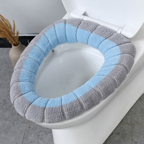 Cojín grueso, tejido y lavable para el asiento del inodoro, funda de invierno para el asiento del inodoro (gris y azul)