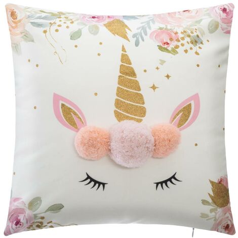 Cojín infantil Unicornio - pompones - 39x39 cm - Atmosphera créateur d'intérieur