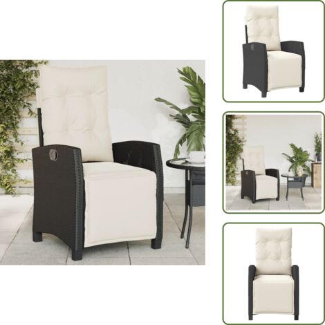 Cojín lavable - vidaXL Sillón reclinable de jardín con reposapiés ratán PE negro - Silla de jardín con reposapiés