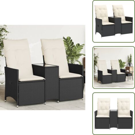 Cojín lavable - vidaXL Sofá de jardín reclinable de 2 plazas con mesa ratán PE negro - Asiento reclinable