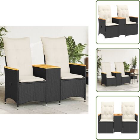 Cojín lavable - vidaXL Sofá de jardín reclinable de 2 plazas con mesa ratán PE negro - Muebles de exterior