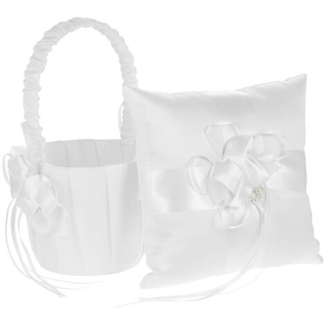 Cojín para anillos y cesta para damas de honor de satén blanco, 18 x 18 cm, con lazo floral.
