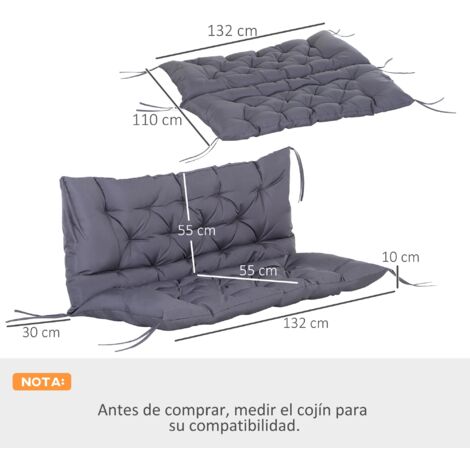 Cojín para Banco de Jardín o para Balancín de Jardín 132x110x10 cm de 2 Plazas con 6 Cordones de Fijación Gris Oscuro