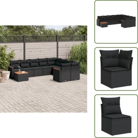 Cojines de asiento - vidaXL Set de sofás de jardín 10 pzas cojines ratán sintético negro - Cojines traseros