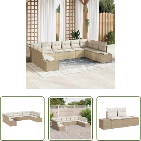 Cojines de exterior -  Conjunto de sofá de jardín 10 pcs Beige ratán sintético