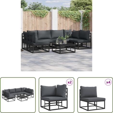 Cojines de exterior -  Conjunto de sofás de jardín con cojín 7 pcs Negro Aluminio