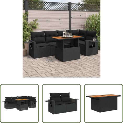 Cojines de jardín -  Set de sofás de jardín 6 piezas y cojines ratán sintético negro
