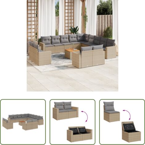 Cojines de jardín -  Set sofás jardín 14 pzas y cojines ratán sintético beige mezcla