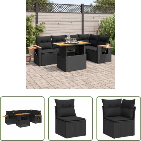 Cojines de jardín -  Set sofás jardín y cojines 6 pzas ratán sintético acacia negro