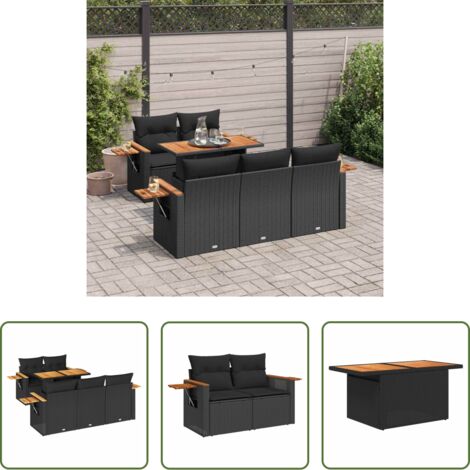Cojines de jardín -  Set sofás jardín y cojines 6 pzas ratán sintético acacia negro