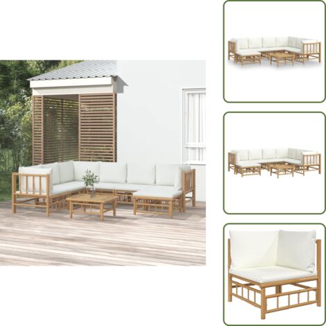Cojines de jardín - vidaXL Set de muebles de jardín 8 piezas bambú y cojines blanco crema - Muebles de bambú