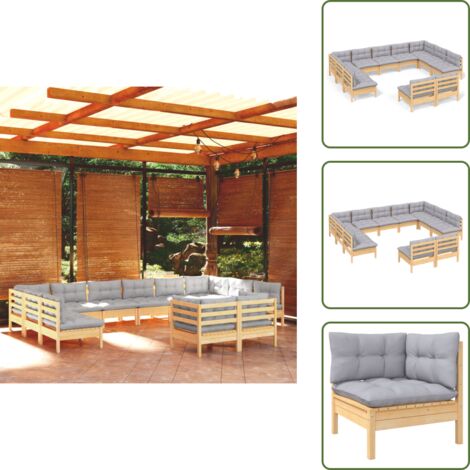Cojines de madera - vidaXL Muebles de jardín 11 pzas y cojines madera maciza de pino gris - Muebles modulares