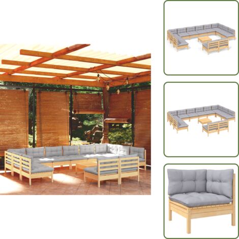 Cojines de madera - vidaXL Muebles de jardín 13 pzas y cojines madera maciza de pino gris - Muebles modulares