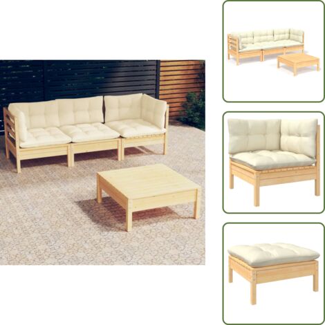 Cojines de madera - vidaXL Muebles de jardín 4 piezas con cojines madera de pino crema - Muebles modulares