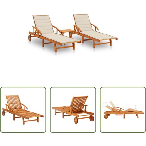 Cojines decorativos -  Tumbonas con mesa y cojines 2 uds madera maciza de acacia