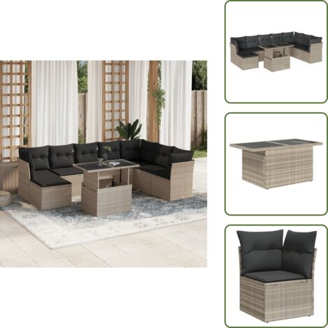 Cojines para exterior - vidaXL Set muebles jardín 9 pzas y cojines ratán sintético gris claro - Muebles de terraza