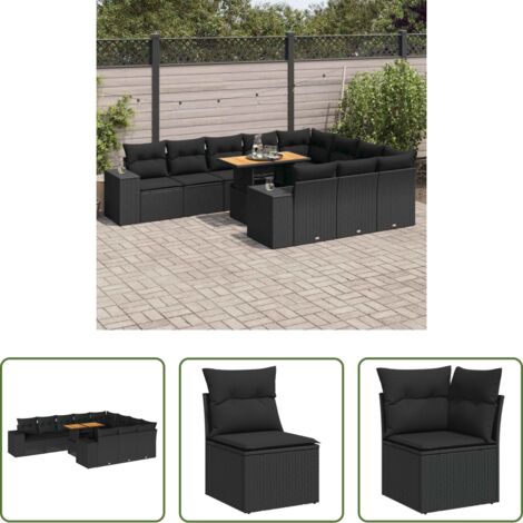 Cojines para jardín -  Set sofás jardín y cojines 10 pzas ratán sintético acacia negro
