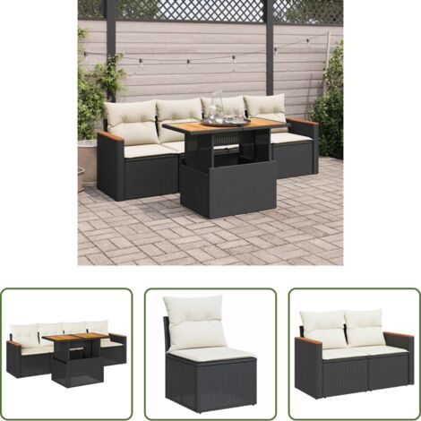 Cojines para jardín -  Set sofás jardín y cojines 5 pzas ratán sintético acacia negro