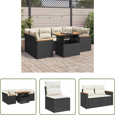 Cojines para jardín -  Set sofás jardín y cojines 6 pzas ratán sintético acacia negro