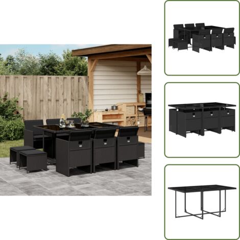 Cojines para sillas - vidaXL Set de comedor jardín 11 pzas con cojines ratán sintético negro - Cojines para taburetes