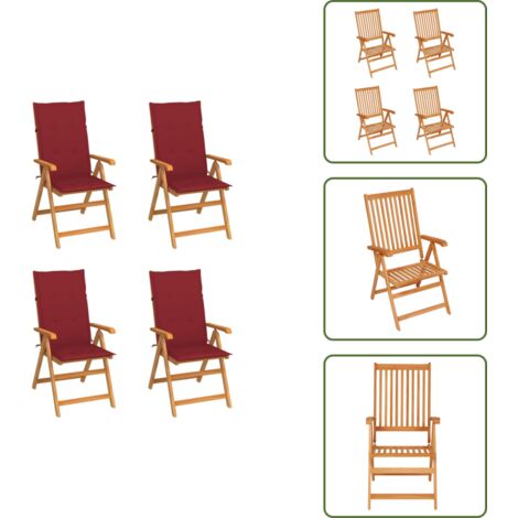 Cojines para sillas - vidaXL Sillas de jardín 4 uds madera de teca con cojines rojo tinto - Sillas plegables