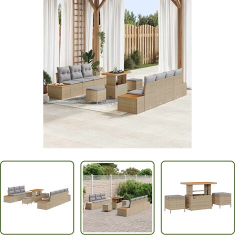 Cojines para sofás -  Conjunto de sofás de jardín con cojín 10 pcs Beige Poliratán