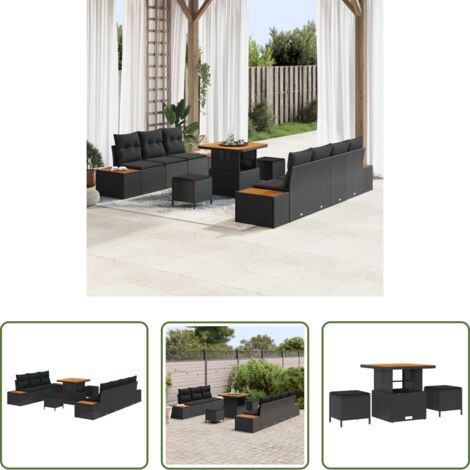 Cojines para sofás -  Conjunto de sofás de jardín con cojín 10 pcs Negro Poliratán