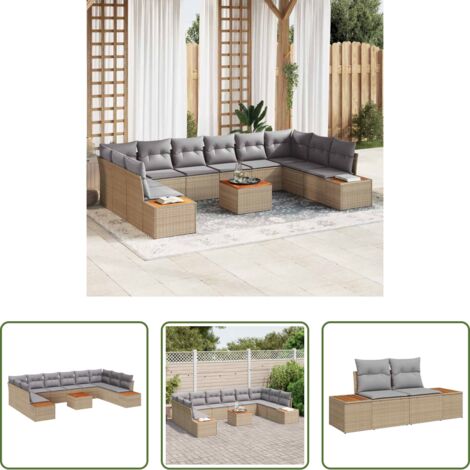 Cojines para sofás -  Conjunto de sofás de jardín con cojín 11 pcs Beige Poliratán