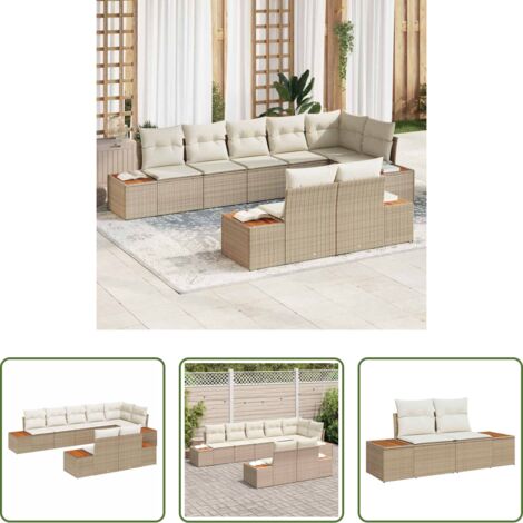 Cojines para sofás -  Conjunto de sofás de jardín con cojín 8 pcs Beige Poliratán