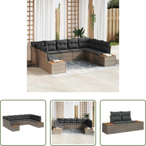 Cojines para sofás -  Conjunto de sofás de jardín con cojín 9 pcs Gris Poliratán