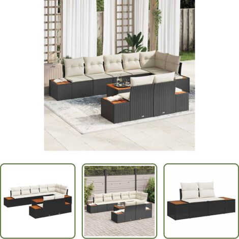 Cojines para sofás -  Conjunto de sofás de jardín con cojín 9 pcs Negro Poliratán