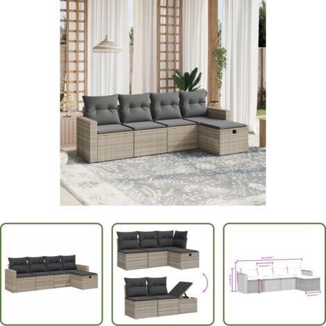 Cojines para sofás -  Set de sofás jardín y cojines 5 pzas ratán sintético gris claro