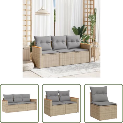 Cojines para sofás -  Set sofás jardín 3 pzas y cojines ratán sintético beige mezcla