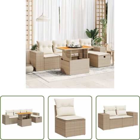 Cojines para sofás -  Set sofás jardín y cojines 6 pzas ratán sintético acacia beige