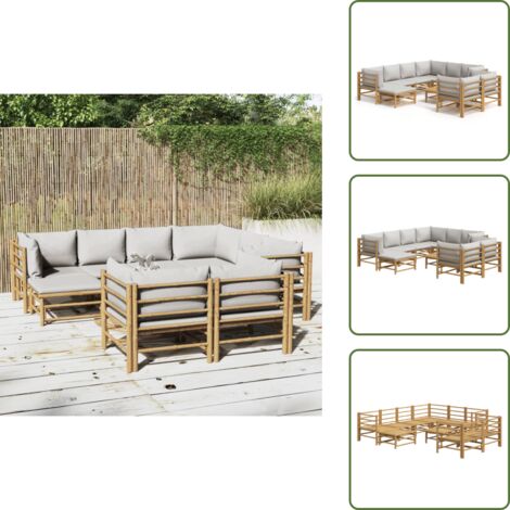 Cojines para sofás - vidaXL Set de muebles de jardín 10 piezas bambú y cojines gris claro - Muebles de bambú
