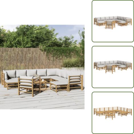 Cojines para sofás - vidaXL Set de muebles de jardín 12 piezas bambú y cojines gris claro - Muebles de bambú
