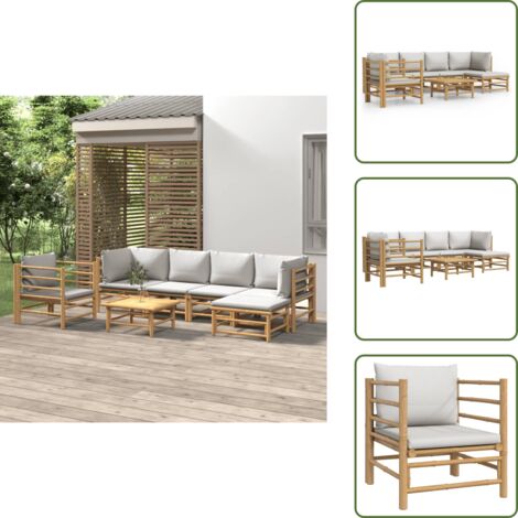 Cojines para sofás - vidaXL Set de muebles de jardín 7 piezas bambú y cojines gris claro - Muebles de bambú