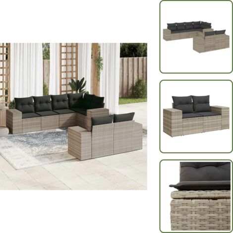 Cojines para sofás - vidaXL Set de sofás de jardín 7 pzas con cojines ratán PE gris claro - Sofás con reposabrazos