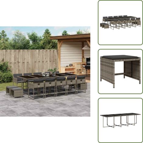 Cojines para taburetes - vidaXL Set comedor de jardín con cojines 15 pzas ratán sintético gris - Mesa de jardín