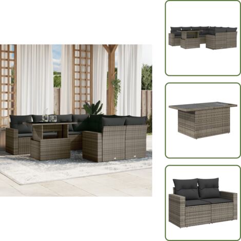 Cojines para terraza - vidaXL Set de muebles de jardín 9 pzas y cojines ratán sintético gris - Muebles de exterior